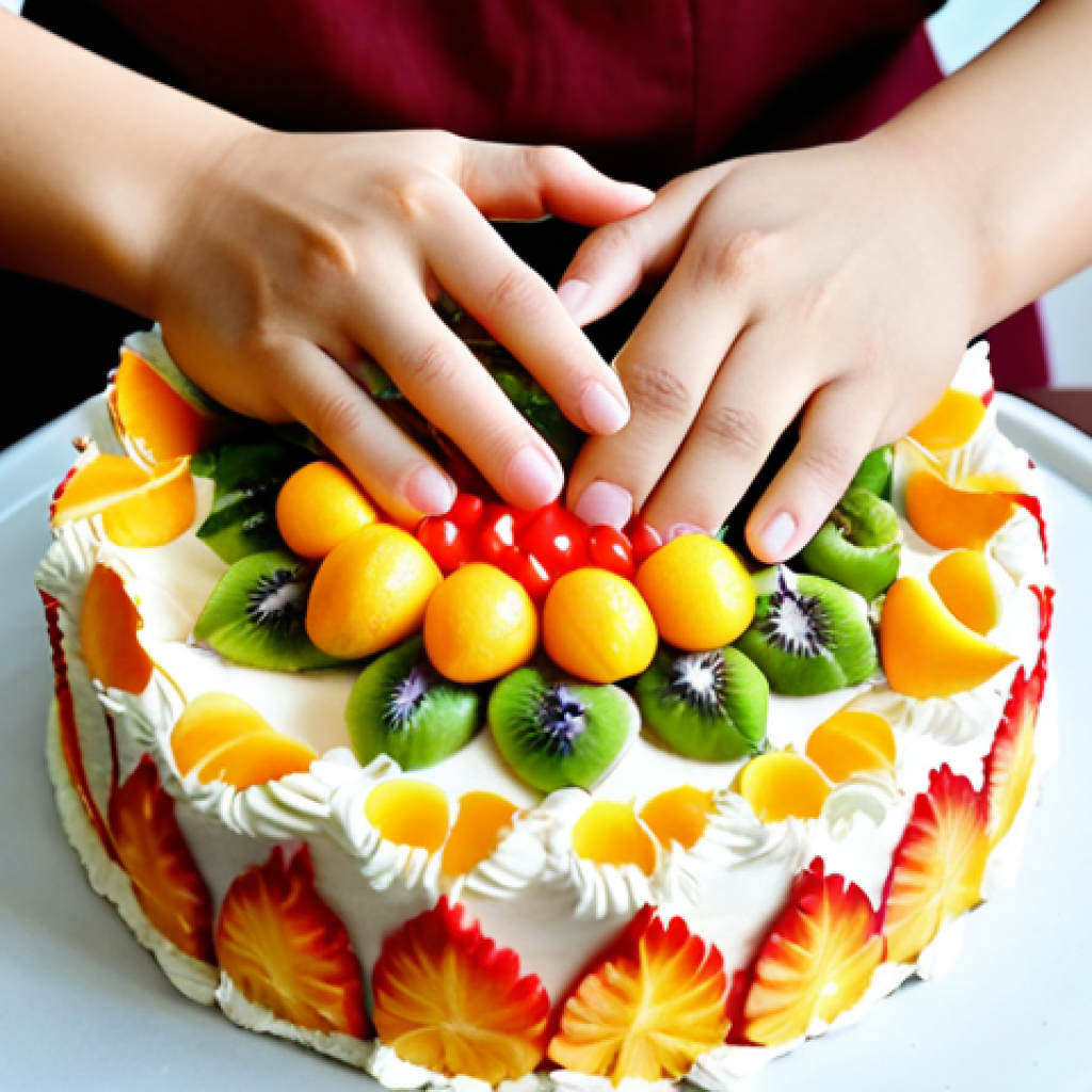 **Prompt:** A Vietnamese baker lovingly decorating a cake with fresh tropical fruits and vibrant buttercream frosting. Focus on the detail of their hands and the colorful, delicious-looking cake. Capture the warm, inviting atmosphere of a home bakery in Vietnam.