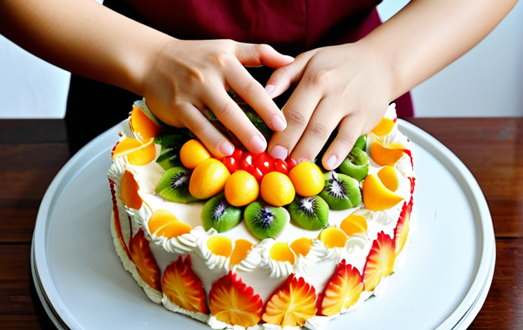 **Prompt:** A Vietnamese baker lovingly decorating a cake with fresh tropical fruits and vibrant buttercream frosting. Focus on the detail of their hands and the colorful, delicious-looking cake. Capture the warm, inviting atmosphere of a home bakery in Vietnam.