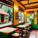 **

A cozy, vintage-style ice cream shop interior in Da Lat, Vietnam. Focus on warm colors, soft lighting, small wooden tables, and vintage paintings. Feature comfortable seating, perhaps with a glimpse of lush greenery outside. The overall mood should be inviting and nostalgic.

**