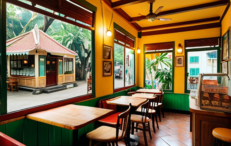 **

A cozy, vintage-style ice cream shop interior in Da Lat, Vietnam. Focus on warm colors, soft lighting, small wooden tables, and vintage paintings. Feature comfortable seating, perhaps with a glimpse of lush greenery outside. The overall mood should be inviting and nostalgic.

**