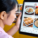 A Vietnamese bakery owner, mid-30s female, intently viewing a tablet displaying a dynamic collage of TikTok and Instagram feeds with popular Vietnamese hashtags like #banhhealthy and #banhankieng, interspersed with data dashboards from GrabFood/ShopeeFood/Baemin apps showing sales trends. In the foreground, a beautifully crafted, modern healthy dessert (e.g., a vibrant matcha cake or a minimalist vegan tart). The setting is a clean, contemporary bakery with warm lighting, emphasizing innovation and data-driven insights.