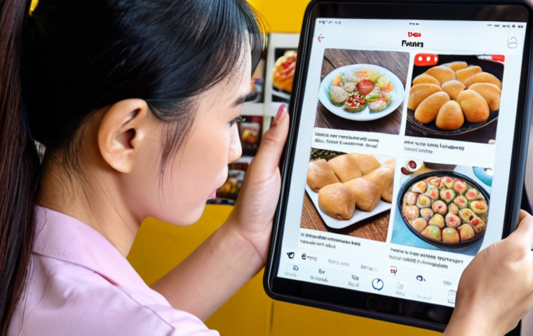 A Vietnamese bakery owner, mid-30s female, intently viewing a tablet displaying a dynamic collage of TikTok and Instagram feeds with popular Vietnamese hashtags like #banhhealthy and #banhankieng, interspersed with data dashboards from GrabFood/ShopeeFood/Baemin apps showing sales trends. In the foreground, a beautifully crafted, modern healthy dessert (e.g., a vibrant matcha cake or a minimalist vegan tart). The setting is a clean, contemporary bakery with warm lighting, emphasizing innovation and data-driven insights.