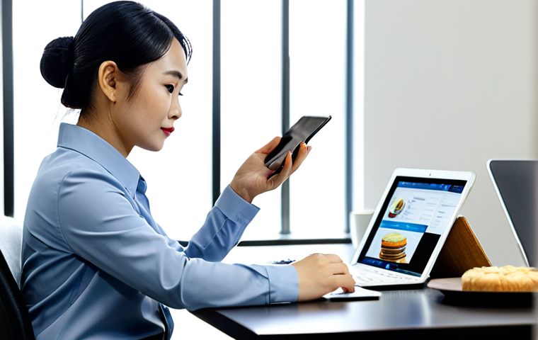 A professional Vietnamese businesswoman, early 30s, in a modest business blouse and smart trousers, seated at a modern desk. She is intently reviewing digital marketing data and sales analytics on a laptop screen, with a tablet open beside it showing social media trends. The setting is a clean, brightly lit, contemporary bakery office, with a subtle, branded coffee cup on the desk and a beautifully displayed cake in the soft-focused background. Soft natural daylight illuminates the scene, creating a professional and focused atmosphere. Perfect anatomy, correct proportions, natural pose, well-formed hands, proper finger count, natural body proportions, professional photography, high resolution, sharp focus, safe for work, appropriate content, fully clothed, professional, modest clothing, appropriate attire.