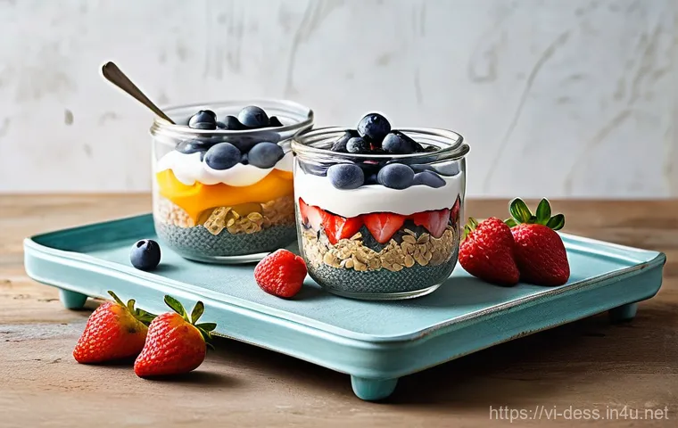 디저트 전문가로서의 혁신적 아이디어 - **Prompt 1: A Vibrant Healthy Dessert Spread**
"A brightly lit, clean, and modern kitchen counte...