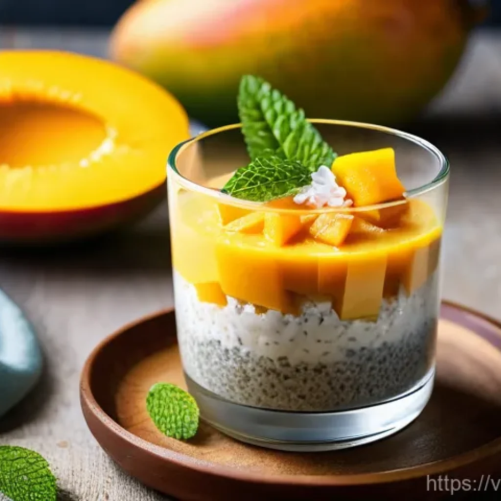 디저트 전문가의 최신 트렌드 디저트 소개 - A vibrant and inviting image of a healthy mango and coconut chia seed pudding. The dessert is presen...