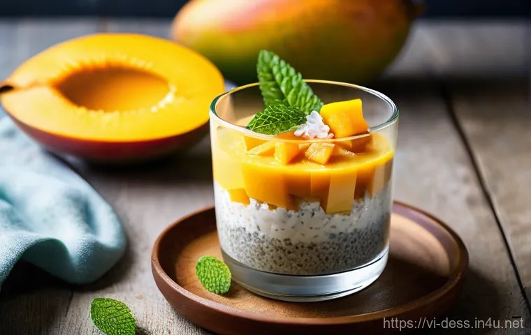 디저트 전문가의 최신 트렌드 디저트 소개 - A vibrant and inviting image of a healthy mango and coconut chia seed pudding. The dessert is presen...