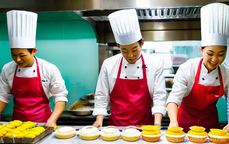 디저트 전문가의 팀 관리 스킬 - **Vibrant Team Collaboration in a Vietnamese Patisserie**
A bustling, modern Vietnamese patisser...