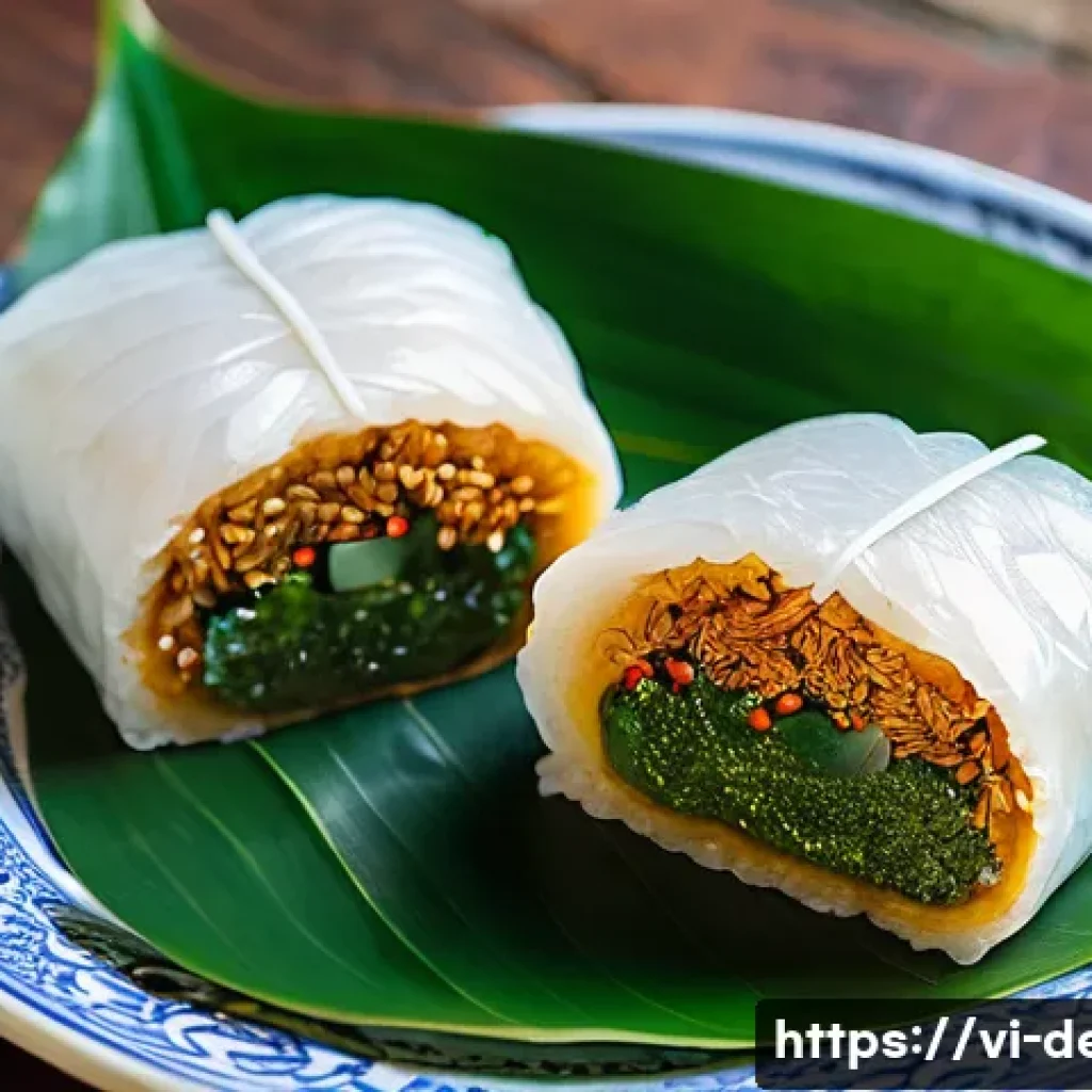 디저트 전문가의 문화적 감각 키우기 - A close-up, high-resolution image of traditional Vietnamese B&aacute;nh Chưng presented on a rustic wooden ...