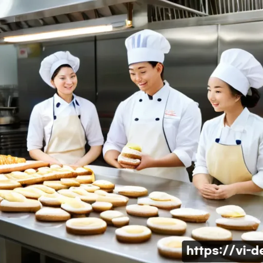 디저트 전문가와 신입 직원 교육 - A modern Vietnamese bakery kitchen scene with young, diverse employees wearing clean, professional u...