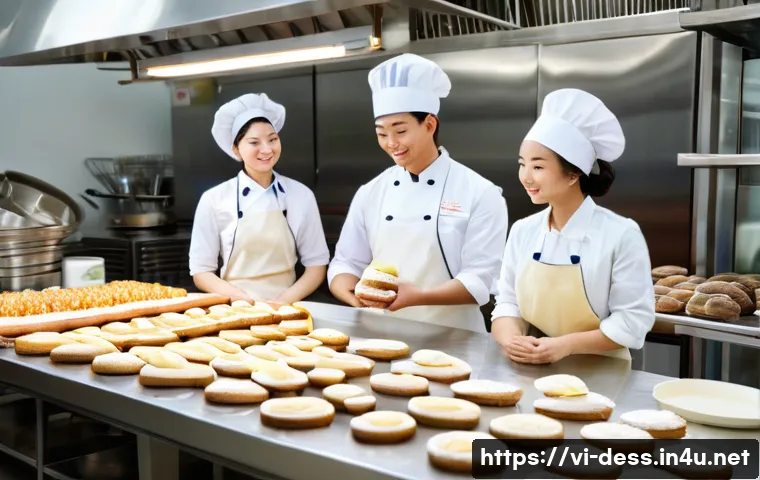 디저트 전문가와 신입 직원 교육 - A modern Vietnamese bakery kitchen scene with young, diverse employees wearing clean, professional u...