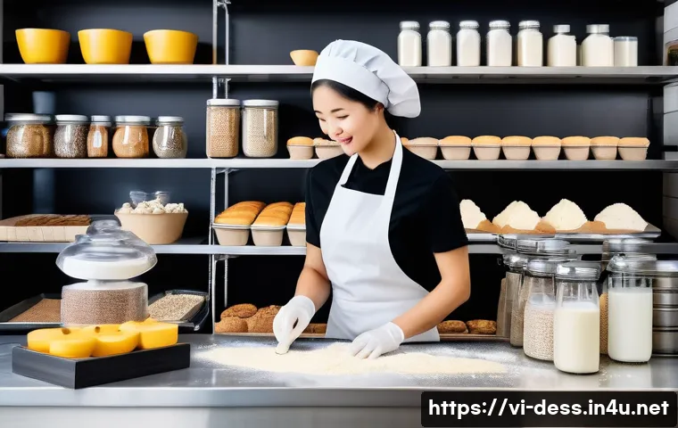 디저트 전문가와 음식 알레르기 관리 - A detailed kitchen scene in a Vietnamese bakery specializing in allergy-friendly cakes, showcasing s...