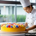 Home 22 디저트 전문가의 연봉 협상 팁 - A skilled Vietnamese pastry chef in a modern bakery kitchen, carefully decorating an elaborate layer...