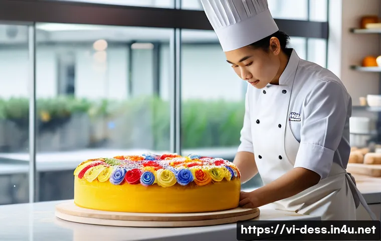 디저트 전문가의 연봉 협상 팁 - A skilled Vietnamese pastry chef in a modern bakery kitchen, carefully decorating an elaborate layer...
