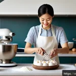 Home 21 디저트 전문가 시험 합격 노하우 - A vibrant kitchen scene focused on a skilled baker practicing basic cake-making techniques. The imag...