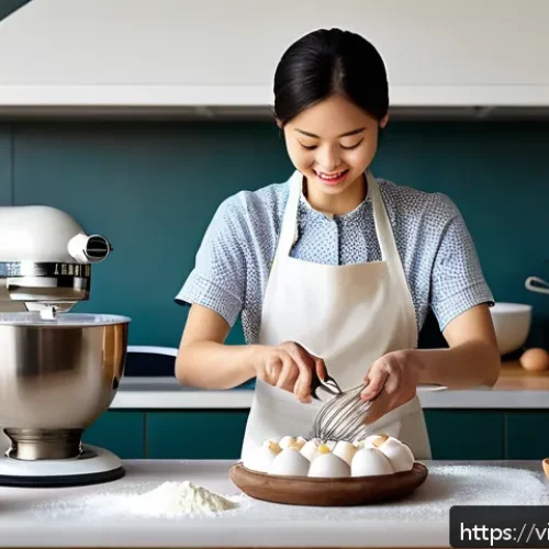 Home 33 디저트 전문가 시험 합격 노하우 - A vibrant kitchen scene focused on a skilled baker practicing basic cake-making techniques. The imag...