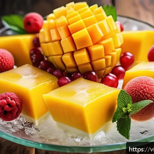 Home 32 디저트 전문가의 계절별 디저트 소개 - A vibrant summer fruit dessert platter showcasing ripe mango slices, juicy watermelon cubes, rambuta...
