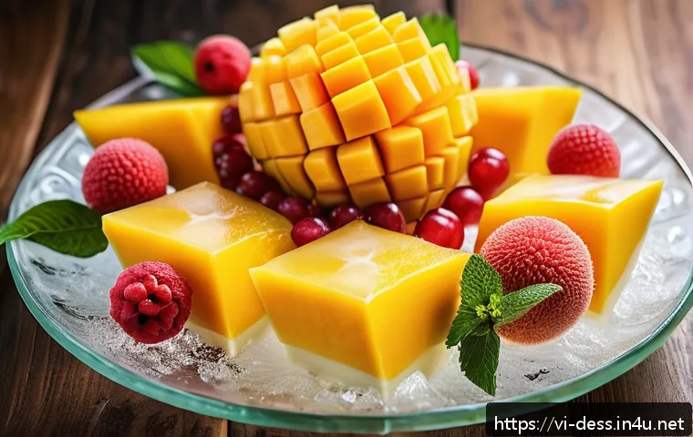 디저트 전문가의 계절별 디저트 소개 - A vibrant summer fruit dessert platter showcasing ripe mango slices, juicy watermelon cubes, rambuta...
