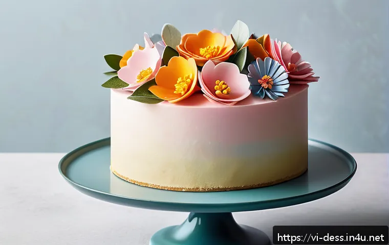 디저트 전문가의 디자인 감각을 키우는 법 - A delicately designed cake inspired by natural floral forms, featuring soft pastel colors reminiscen...