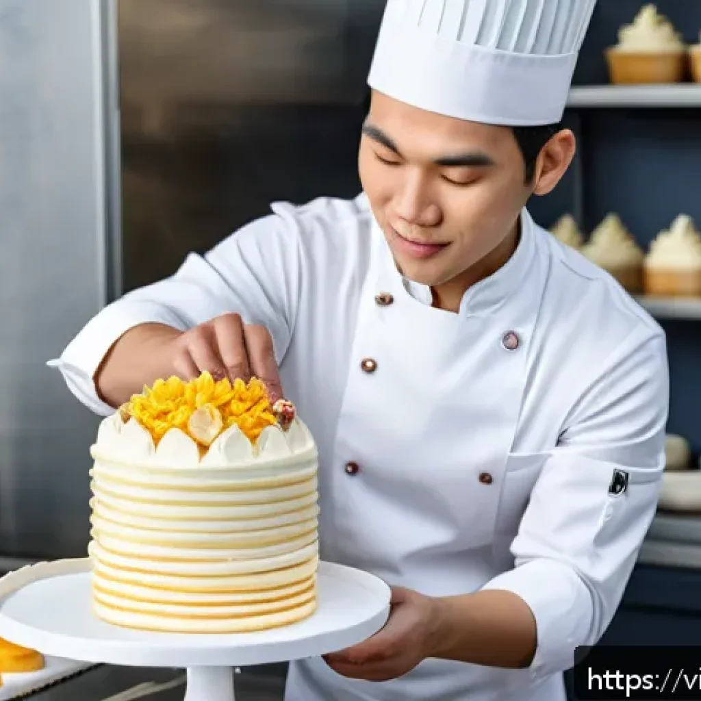 디저트 전문가 자격증 종류와 취득 방법 - A professional Vietnamese pastry chef in a modern bakery kitchen, wearing a clean white chef uniform...