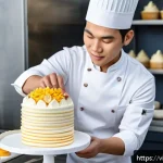 Home 18 디저트 전문가 자격증 종류와 취득 방법 - A professional Vietnamese pastry chef in a modern bakery kitchen, wearing a clean white chef uniform...