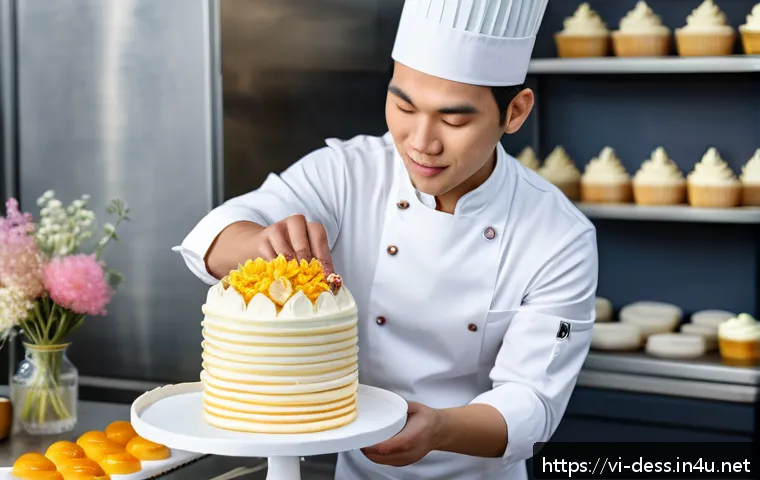 디저트 전문가 자격증 종류와 취득 방법 - A professional Vietnamese pastry chef in a modern bakery kitchen, wearing a clean white chef uniform...