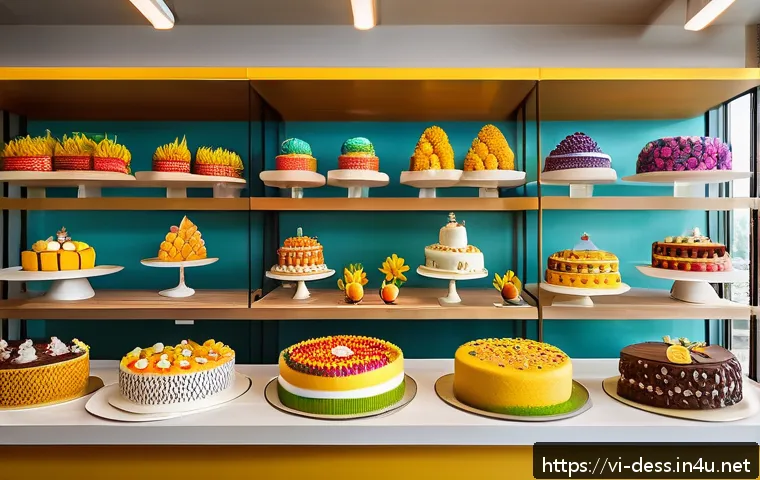 디저트 전문가의 진로 확장 가능성 - A vibrant Vietnamese bakery interior showcasing a variety of innovative cakes made with tropical fru...