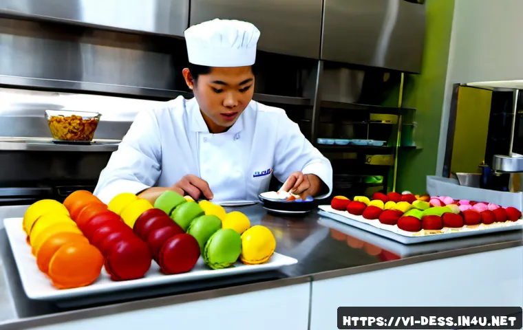 디저트 전문가로서의 퇴사 및 재취업 사례 - Photorealistic career transition scene in a bright modern Vietnamese patisserie kitchen, a confident...