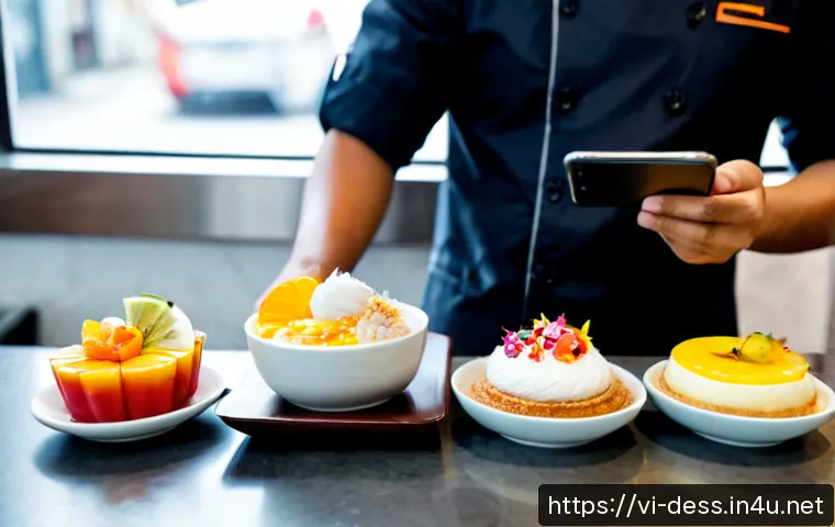 Home 17 디저트 전문가의 소셜미디어 활용 성공 사례 - Photorealistic Vietnamese dessert chef in a bright modern café kitchen, carefully styling colorful c...